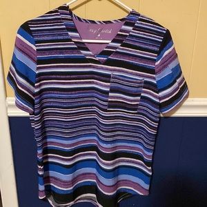 Butter-soft easy stretch, size small, stripes black, blue, white, eggplant